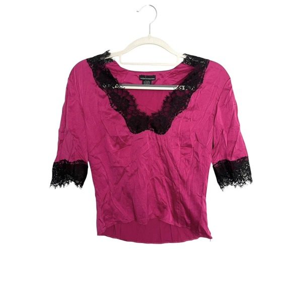 Vintage Moda International Y2k Pink Silk Stretch Lace Trim Babydoll Coquette Top - Picture 6 of 12